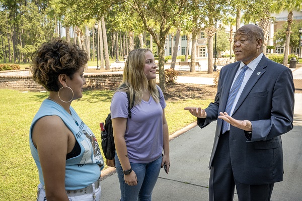 Chancellor talking with students